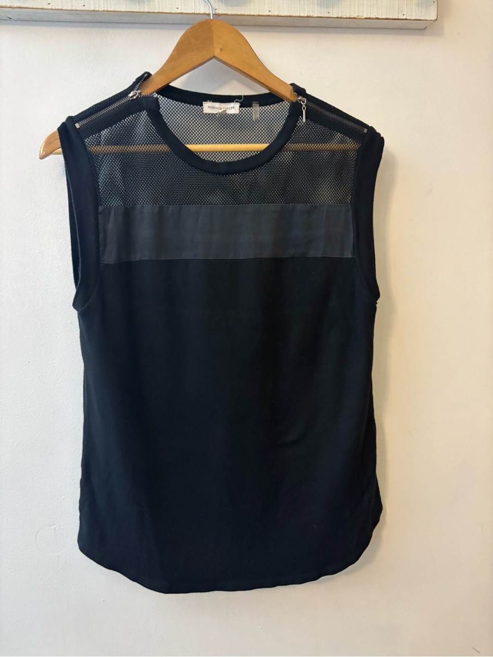 Rebecca Taylor Black Sleeveless Mesh Yoke Silk Band Tank